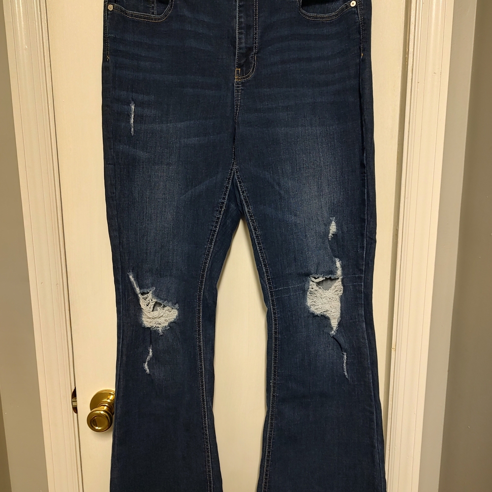 Dark Blue Distressed Flare Jeans